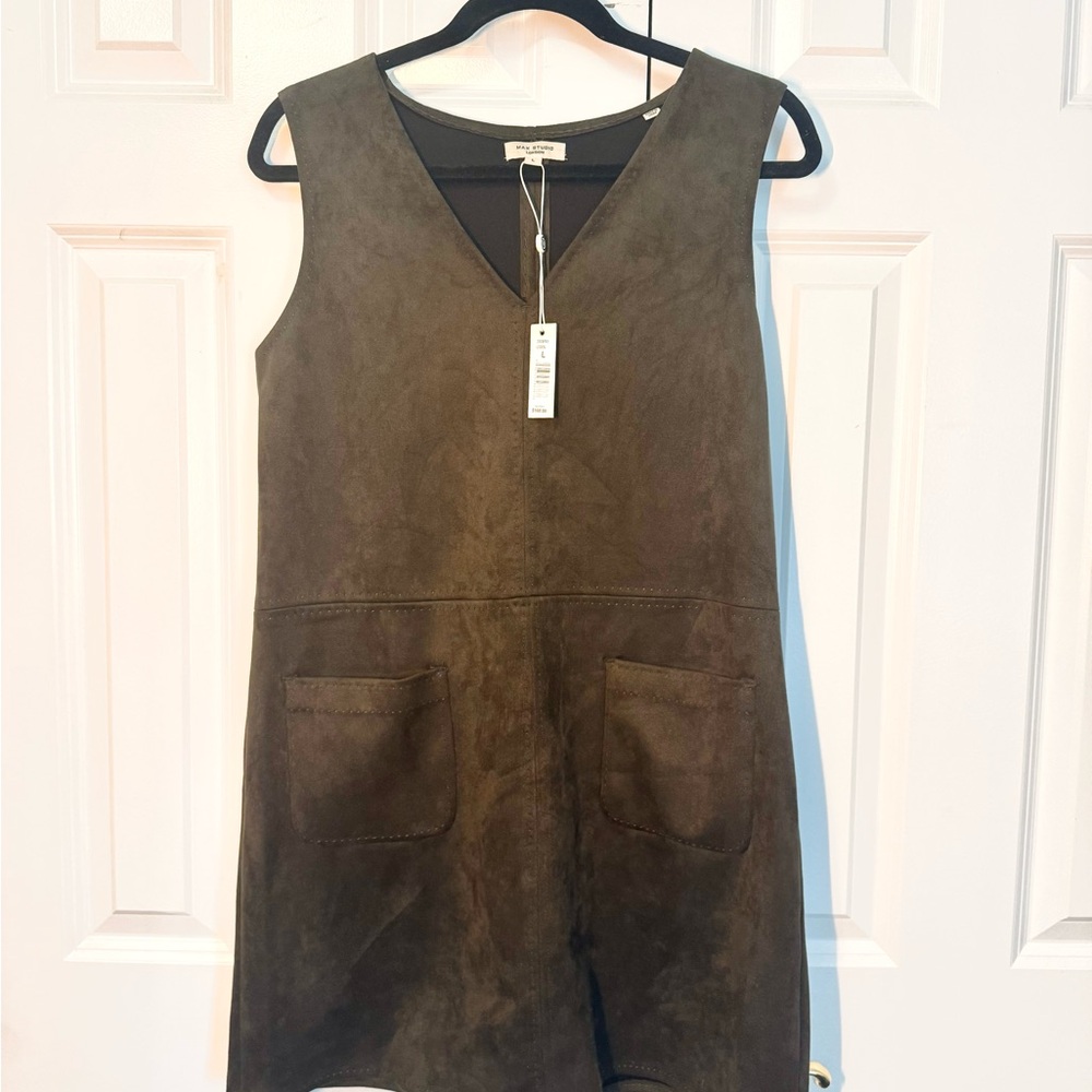 NEW (NWT): MAX Studio Olive-Green Suede V-Neck Sleeveless Mini Dress